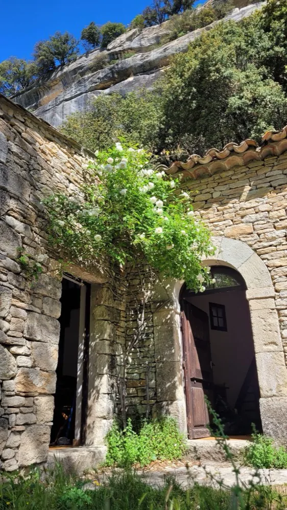 A stone doorway framed by greenery, with the cliff rising behind