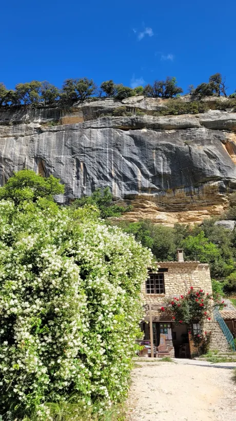 Stone houses with lavender shutters below a rock face, Provence